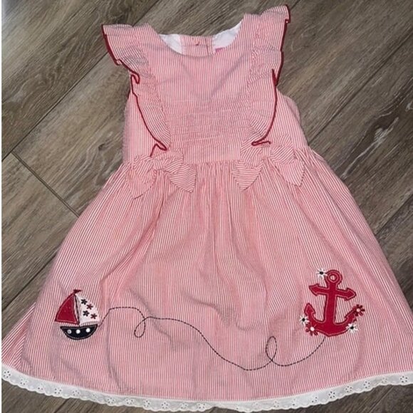 Seersucker Dress Girl's Size 2T Striped Boat & Anchor Nautical - Picture 1 of 4